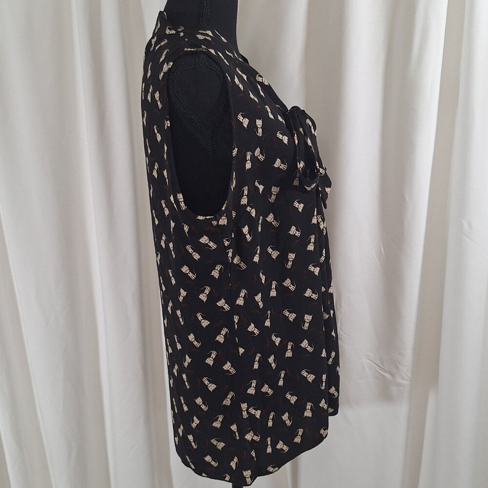 Jessie B Cat Print Tie-Neck Blouse XL Black Cream Retro Office Casual Top - Picture 3 of 16